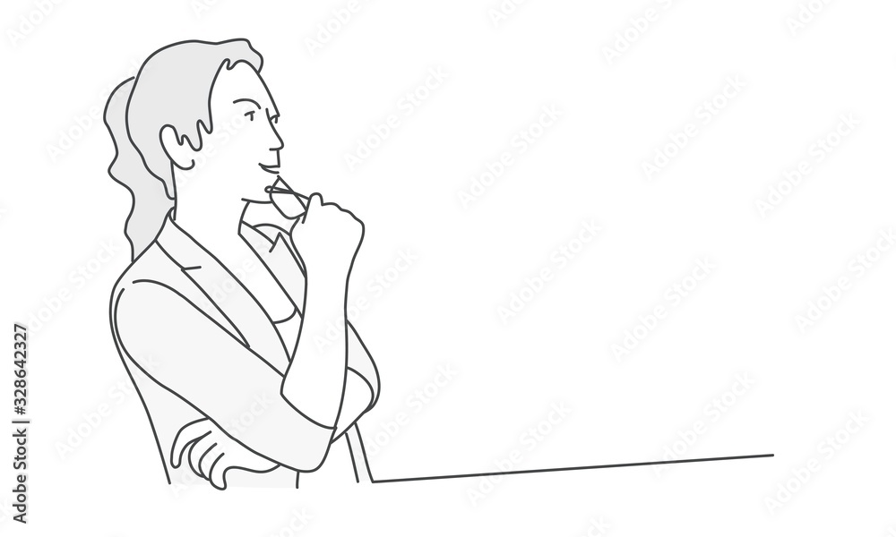 Woman holding glasses and thinks. Hand drawn vector illustration. Woman holding glasses and thinks. Hand drawn vector illustration.