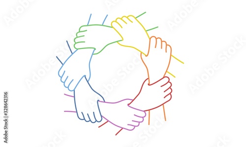 Teamwork. Seven United Hands. Line drawing vector illustration. photo