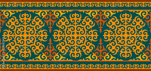 Kazakh carpet ornaments. Traditional patterns of Kazakhs. Background, texture, design life of nomads. Ancient Turkic ornaments. Art, customs and traditions of Kazakhstan. Decorative art of nomads