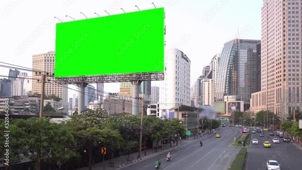 Billboard green screen with city traffic background. Bangkok thailand. 4K Resolution.