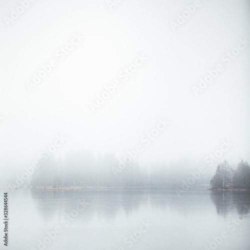 Fototapeta bord de lac dans la brouillard