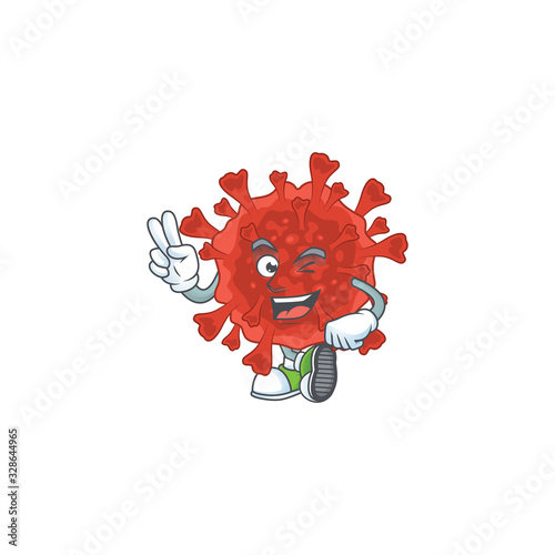 A joyful red corona virus mascot design showing his two fingers