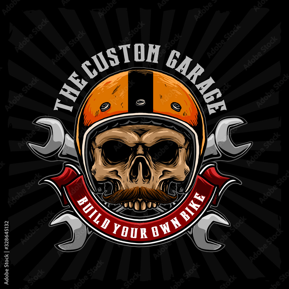 Fototapeta premium skull rider motorcycle with retro helmet vector illustration