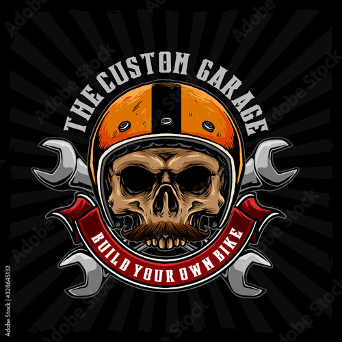 skull rider motorcycle with retro helmet vector illustration