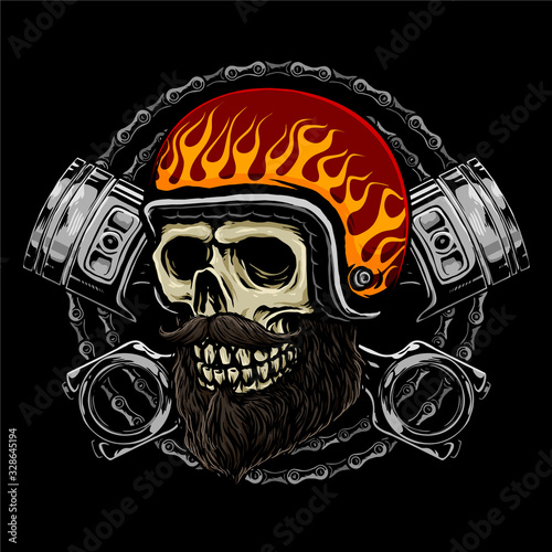 skull rider motorcycle with retro helmet, pistons and chains background