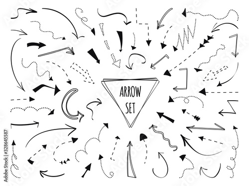 Arrows hand drawn set. Dotted black line. Sketch point curve zigzag arrow symbol. Doodle left right down direction sign. Business growth up graphic design element Isolated on white vector illustration