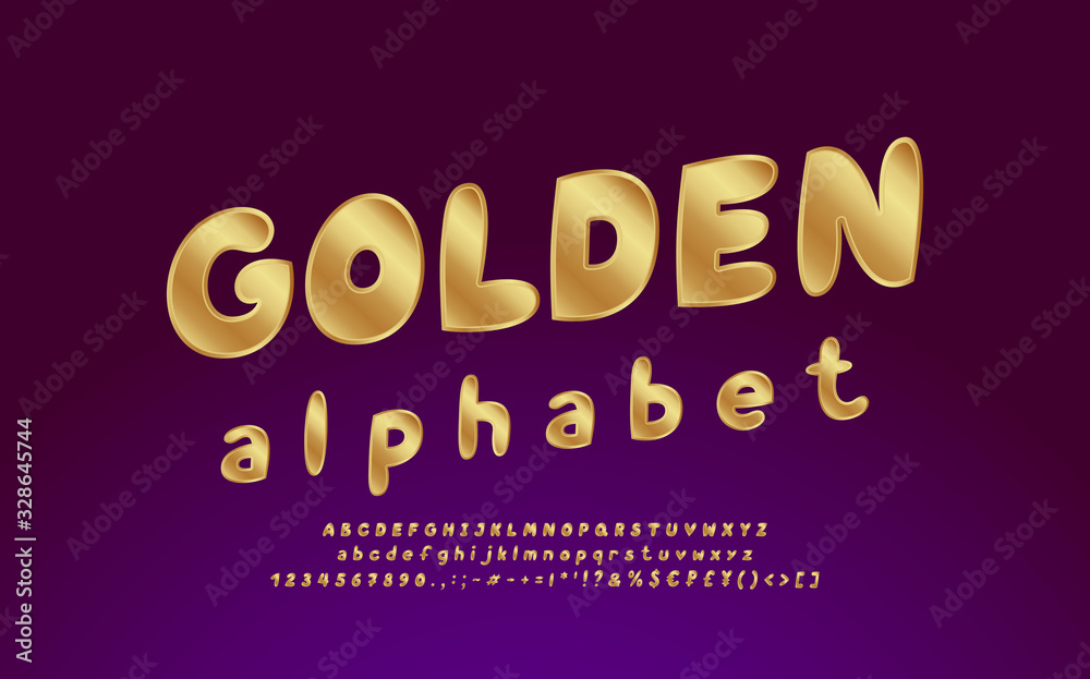 Golden alphabet. Elegant vector font, uppercase and lowercase letters, numbers, punctuation marks, currency symbols. Dark violet gradient background