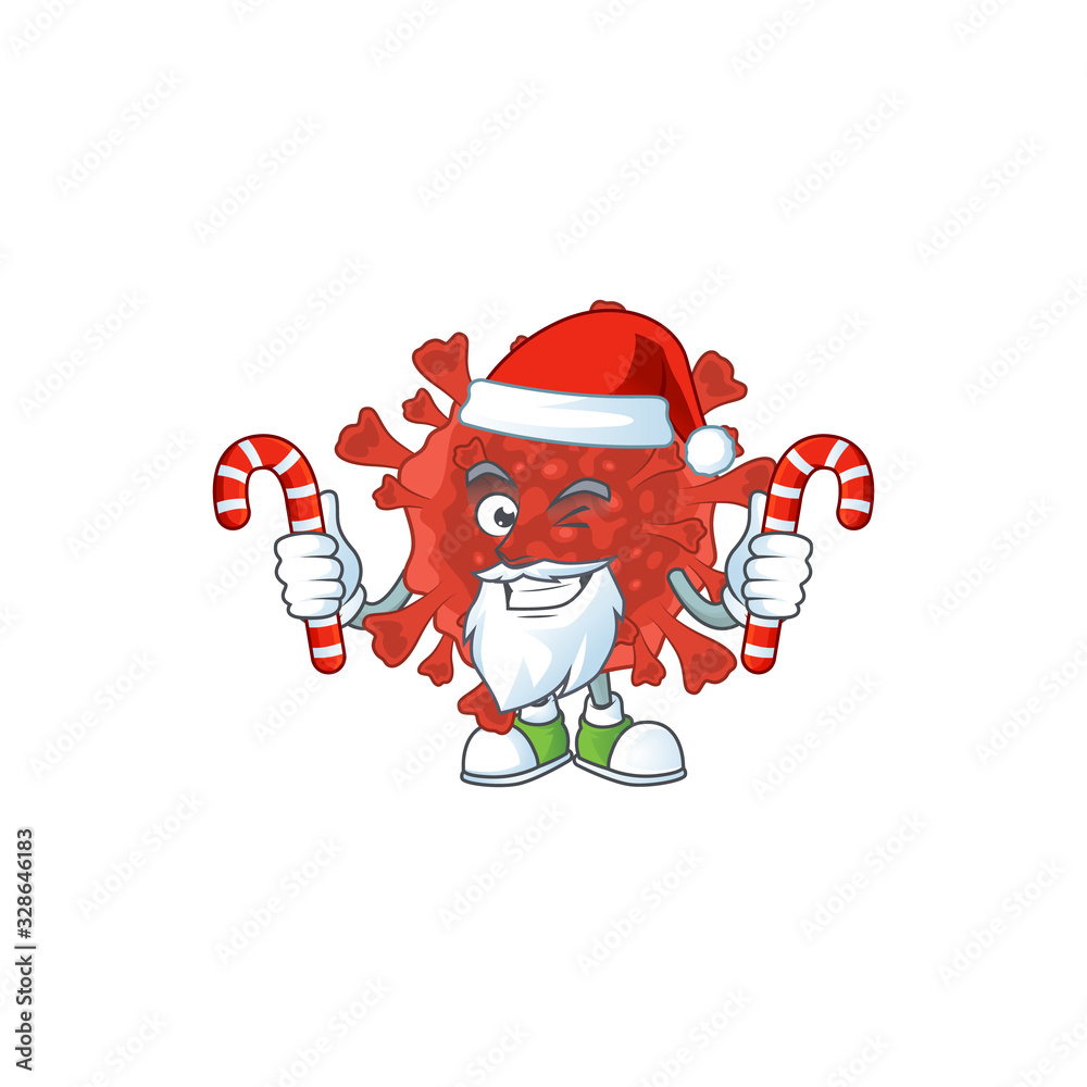 Friendly red corona virus in Santa Cartoon character with candies