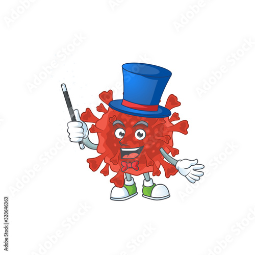 Charming red corona virus cartoon design performance as a Magician style