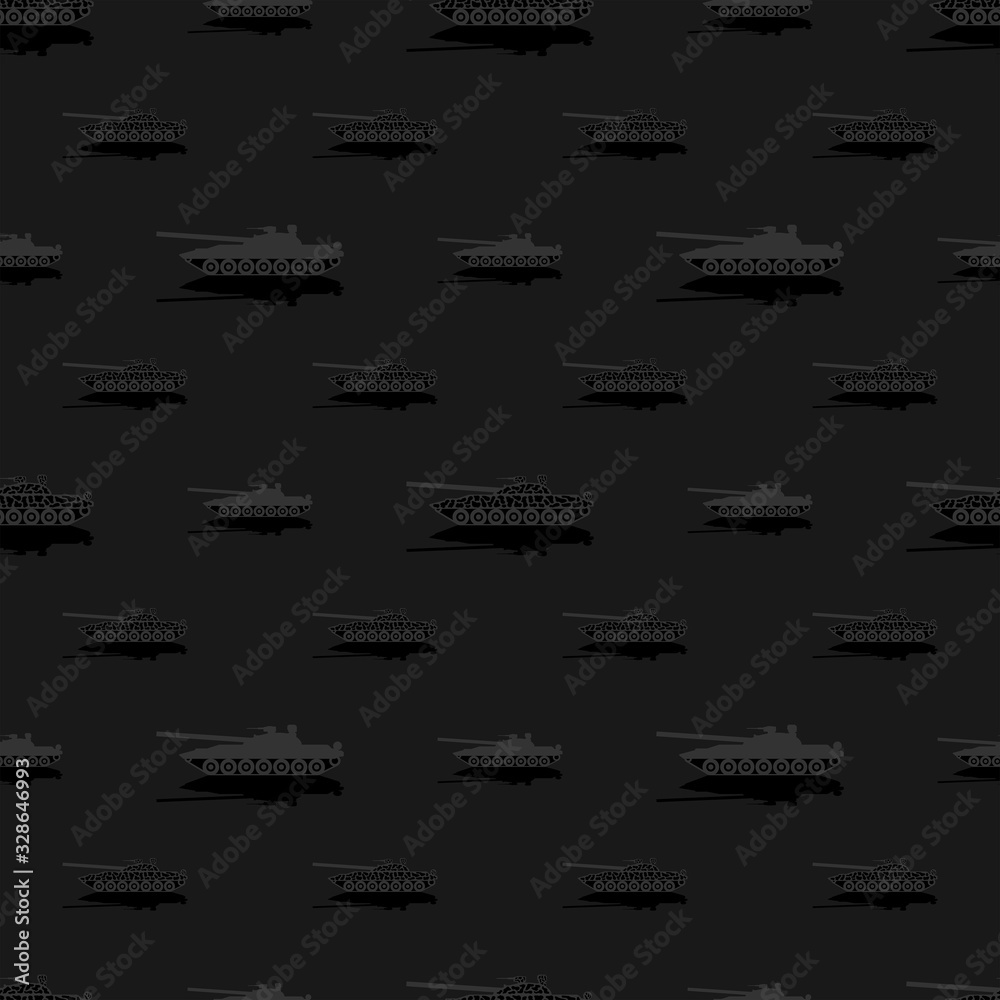 Seamless pattern without a mask. Silhouettes of gray tanks of different sizes on a black background