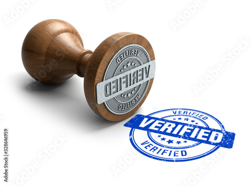 Fototapeta Naklejka Na Ścianę i Meble -  Verified stamp. Wooden round stamper and stamp with text Verified on white background. 3d illustration. rubber stamp.