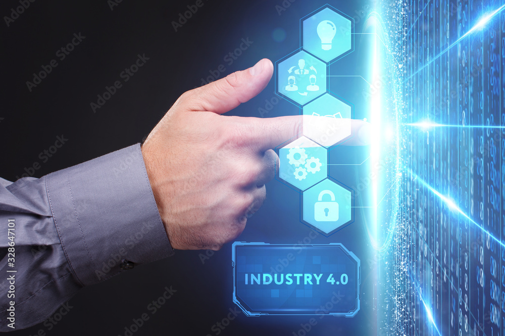 Business, Technology, Internet and network concept. Young businessman working on a virtual screen of the future and sees the inscription: Business, Technology, Internet and network concept. Young businessman working on a virtual screen of the future and sees the inscription: