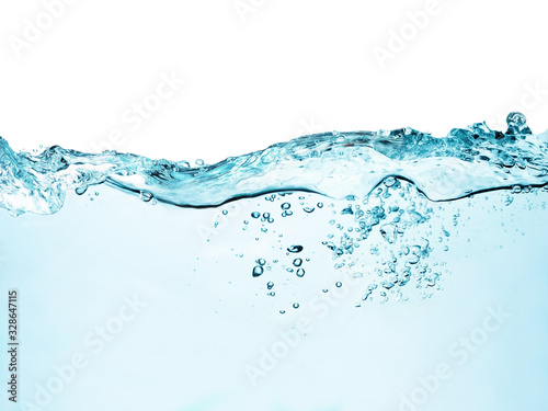 blue water surface with splash, waves and air bubbles on white background