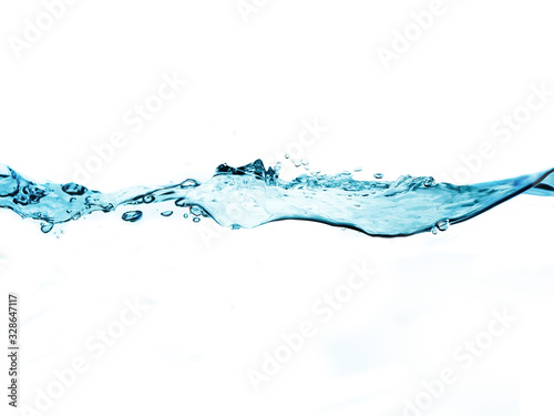  blue water surface with splash, waves and air bubbles on white background