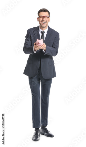 Happy male bank manager wit...