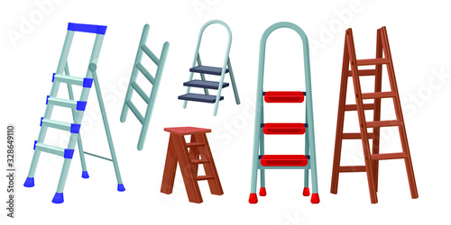 Set of aluminum and wooden ladders with stairs. Cartoon vector illustration isolated on white background