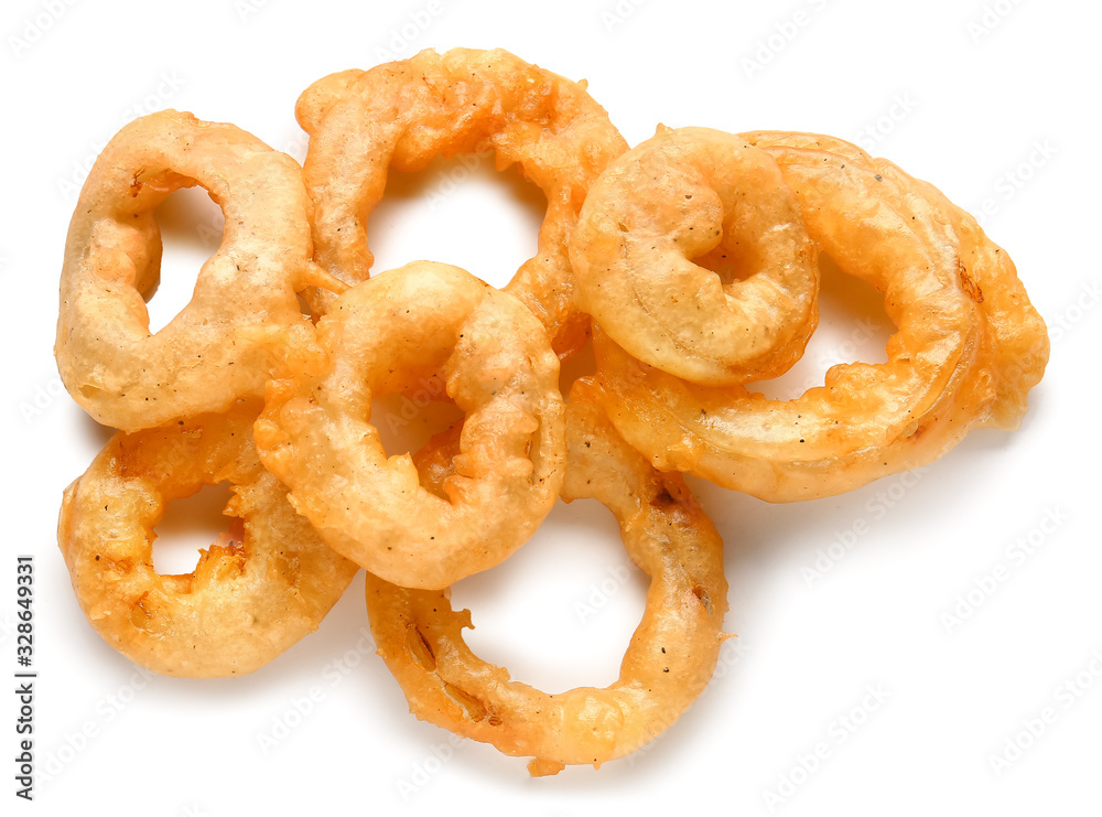 Crispy fried onion rings on white background Crispy fried onion rings on white background