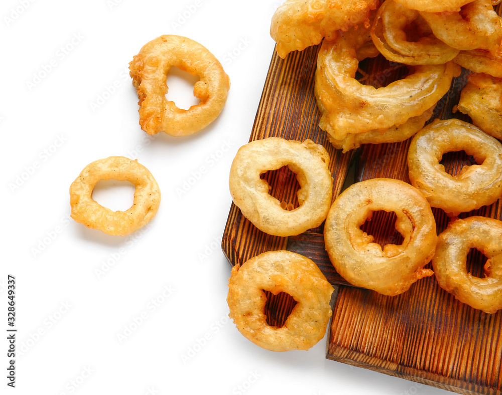 Crispy fried onion rings on white background Crispy fried onion rings on white background