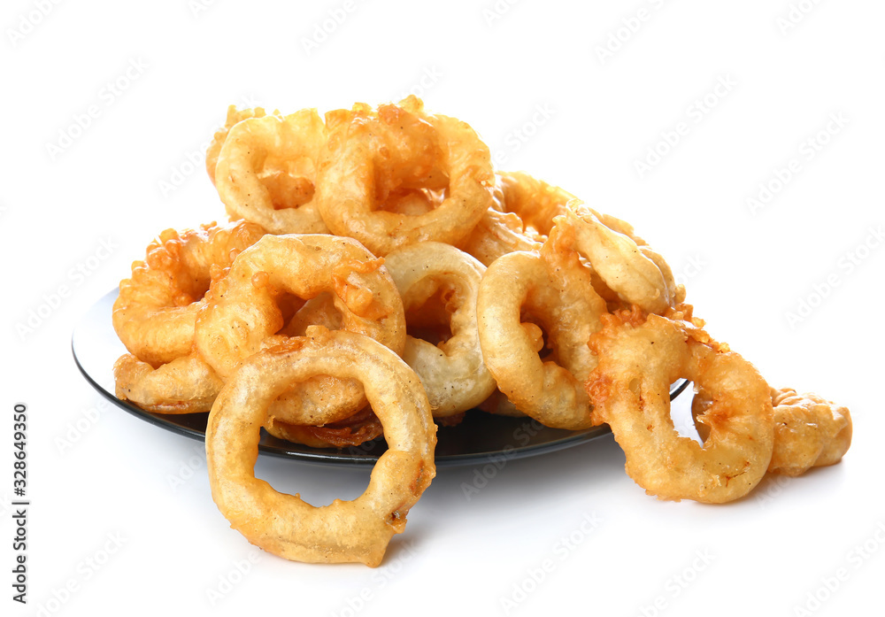 Plate with crispy fried onion rings on white background Plate with crispy fried onion rings on white background