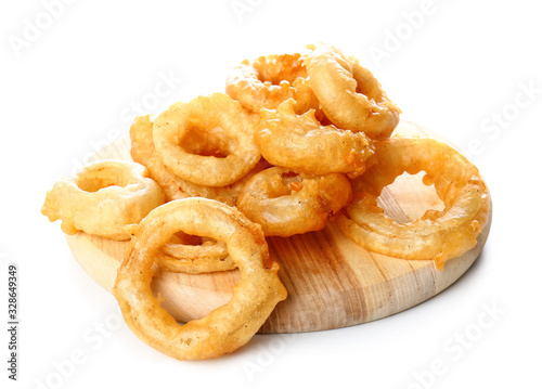 Crispy fried onion rings on white background © Pixel-Shot
