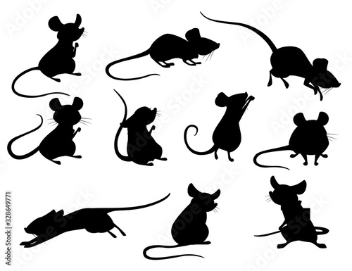 Black silhouette set of gray mouse in different poses cute small mammal animal flat vector illustration isolated on white background