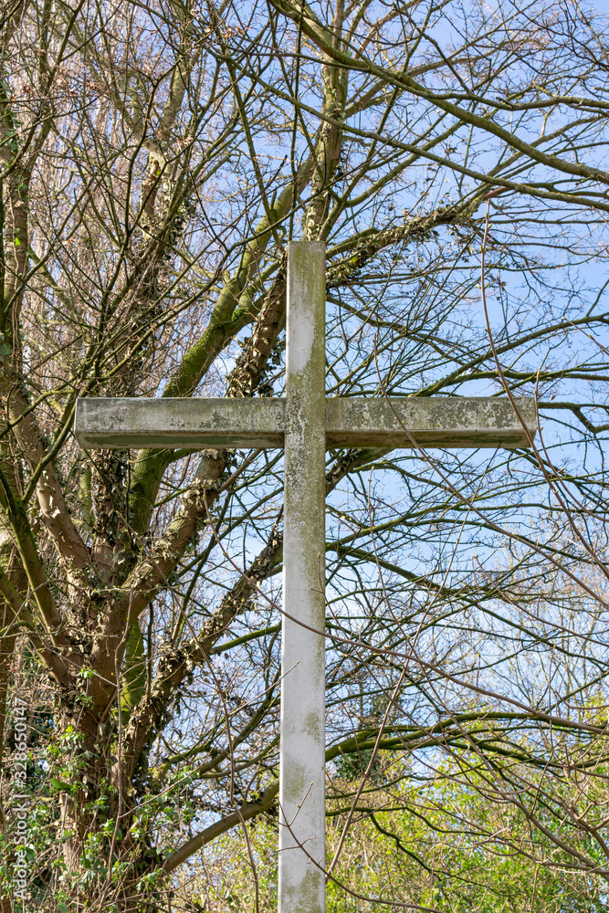 Large weathered wooden cross and behind a tree and shrubs Large weathered wooden cross and behind a tree and shrubs