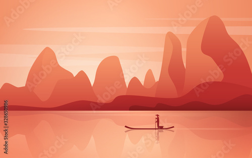 A marvelous landscape with the river and mountains at sunset