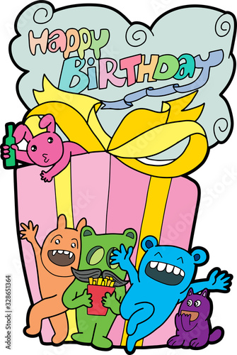 Many monsters  various colors  doodle Come to bless on the birthday Colorful  fun. It is an illustration  greeting card. And various things.