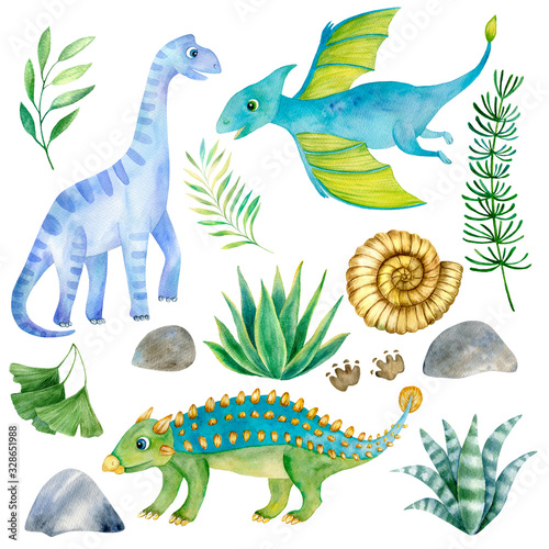 Watercolor  Cute Dinosaurs Set Isolated on White Background. Funny Colorful Dino World.  Hand Drawn Childish Illustration Elements