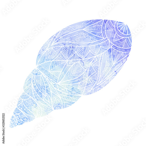 Seashell with white boho pattern and blue, violet watercolor background . Snail shell. Vector colorful doodle picture for banner, card and your creativity.