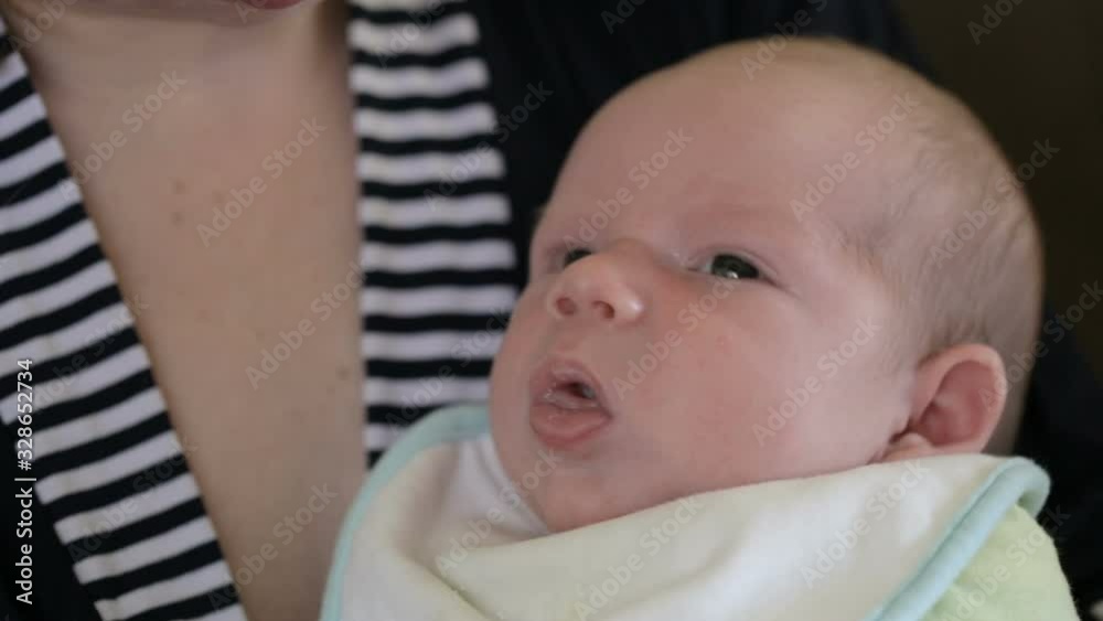 Portrait of charming toddler with chubby cheeks resting vertically in his mother's arms. Mother holding her new born baby boy. Mom and child. Portrait of charming toddler with chubby cheeks resting vertically in his mother's arms. Mother holding her new born baby boy. Mom and child.