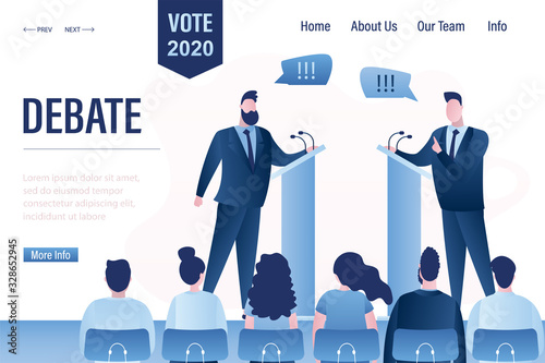 Debate landing page template. Leaders of opposing political parties talking on public debates before vote.