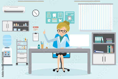 Female Doctor dentist in office room,medical furniture and equipmen