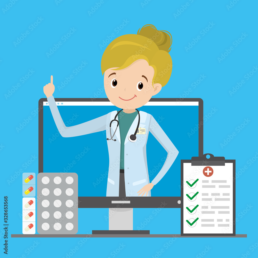 Online medicine, medical consultation,happy female doctor character