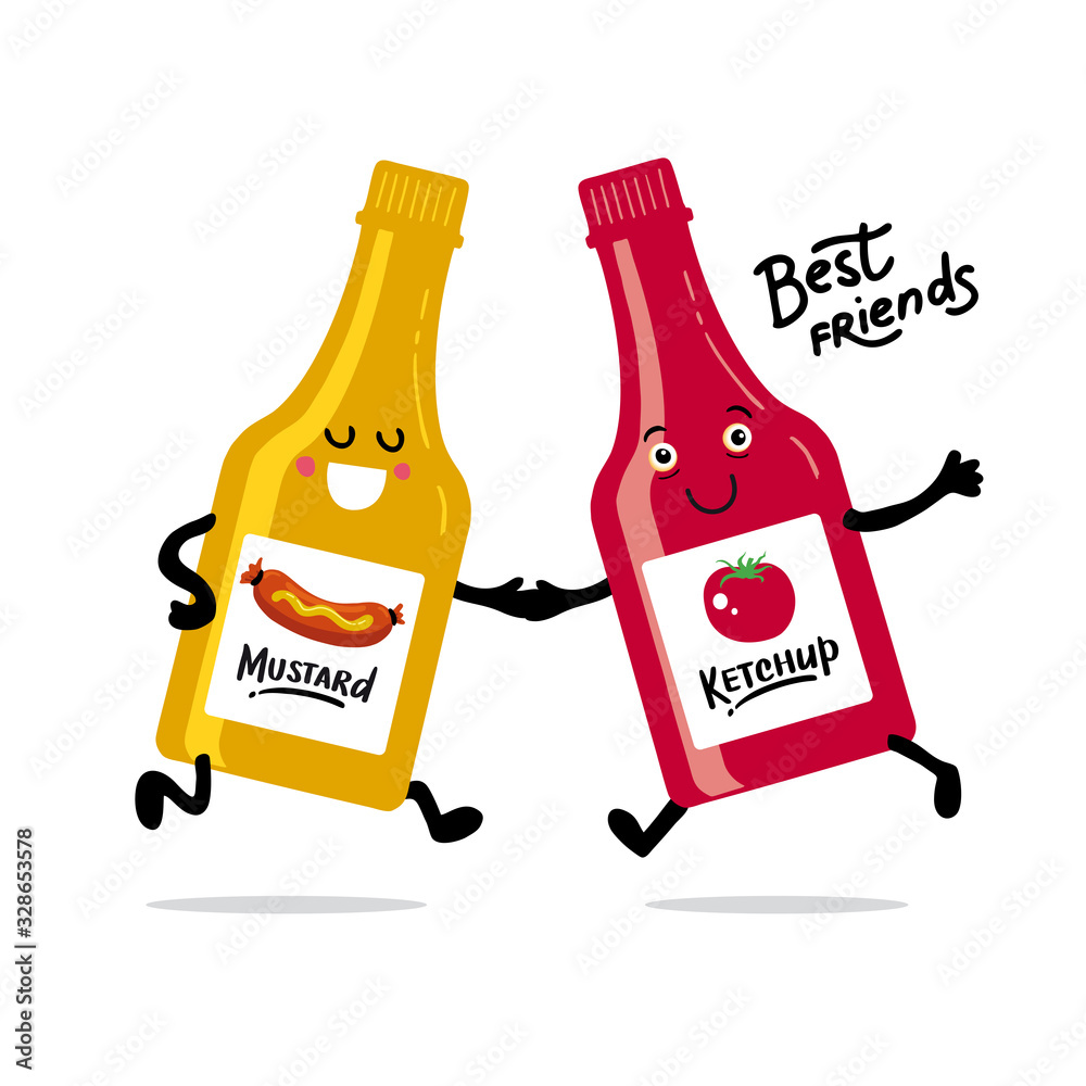 Best friends. Tomato Ketchup and mustard Lettering. Hand drawn vector flat  cartoon illustration on isolated white background. Ketchup advertising  vector concept, template. Yellow classic sauce in a bo Stock Vector | Adobe
