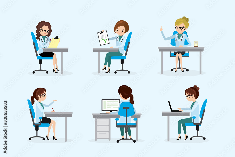 Set of Doctor or dentist on workplace,successful medical caucasian female characters Set of Doctor or dentist on workplace,successful medical caucasian female characters