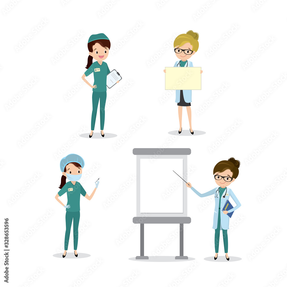 Set of caucasian female doctors and nurses,different poses