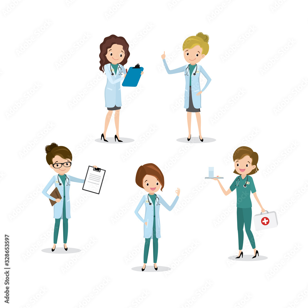 Set of female doctors and nurses,different poses Set of female doctors and nurses,different poses