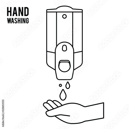 Hand wash. Hand sanitizer. Alcohol-based hand rub. Rubbing alcohol. Wall mounted soap dispenser. Wall hanging hand wash container. Protection from germs such as coronavirus (Covid-19) icon design