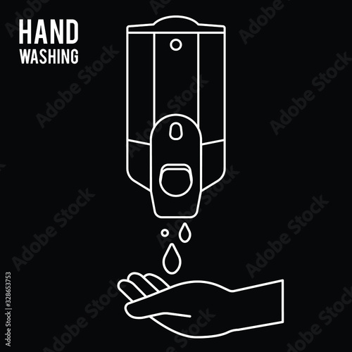 Hand wash. Hand sanitizer. Alcohol-based hand rub. Rubbing alcohol. Wall mounted soap dispenser. Wall hanging hand wash container. Protection from germs such as coronavirus (Covid-19) icon design