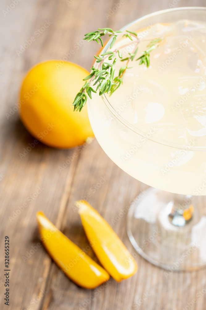 Tasty and little bitter lemon cocktail with slice of fresh lemon and thyme. Selective focus. Shallow depth of field. Tasty and little bitter lemon cocktail with slice of fresh lemon and thyme. Selective focus. Shallow depth of field.