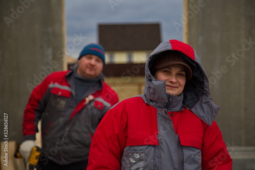 Builders at a construction site in the Moscow region, Russia.