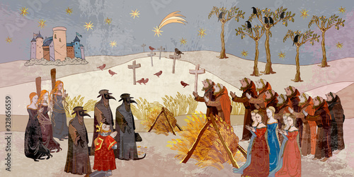 Coronavirus art. Plague epidemic. Terrible doctors. Medieval scene. World pestilence. Ancient book illustration. Middle Ages parchment style