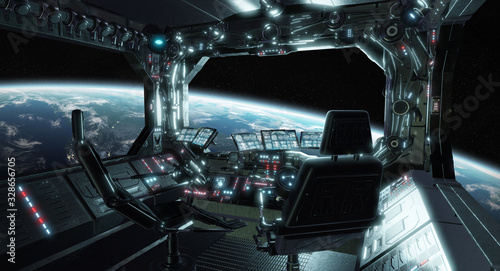 Fototapeta Naklejka Na Ścianę i Meble -  Spaceship grunge interior control room with view on space 3D rendering elements of this image furnished by NASA