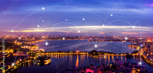 Smart city and wireless communication network concept. Digital network connection lines of Hanoi city at West Lake or Ho Tay