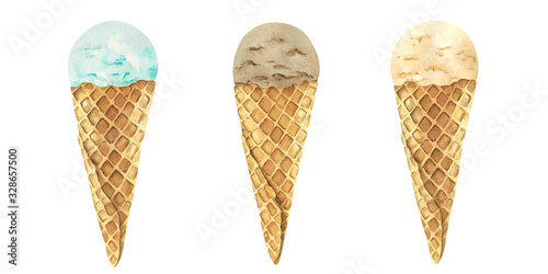 Watercolor set of ice cream balls in a waffle cone. Hand-drawn illustration on a white background.
