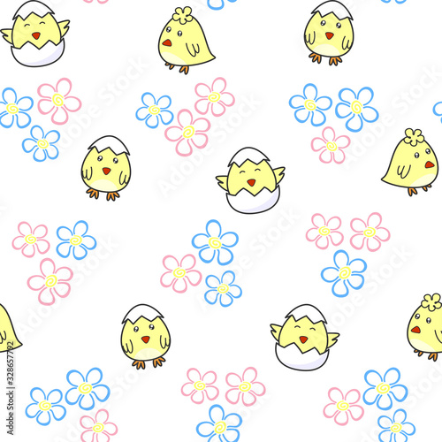Cute chick hatching from an egg on a white background with florets. Vector seamless pattern Kids texture for wallpaper, prints, clothes, wrapping paper, printing on packaging, fabric, textile, Easter 