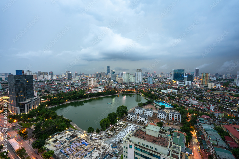 Aerial skyline view of Hanoi city, Vietnam. Hanoi cityscape by sunset period at Ba Dinh district viewing from Lang Ha street