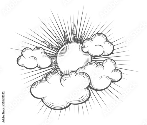 Hand Drawn Sun with Sun Beams and Cloud Engraving Illustration