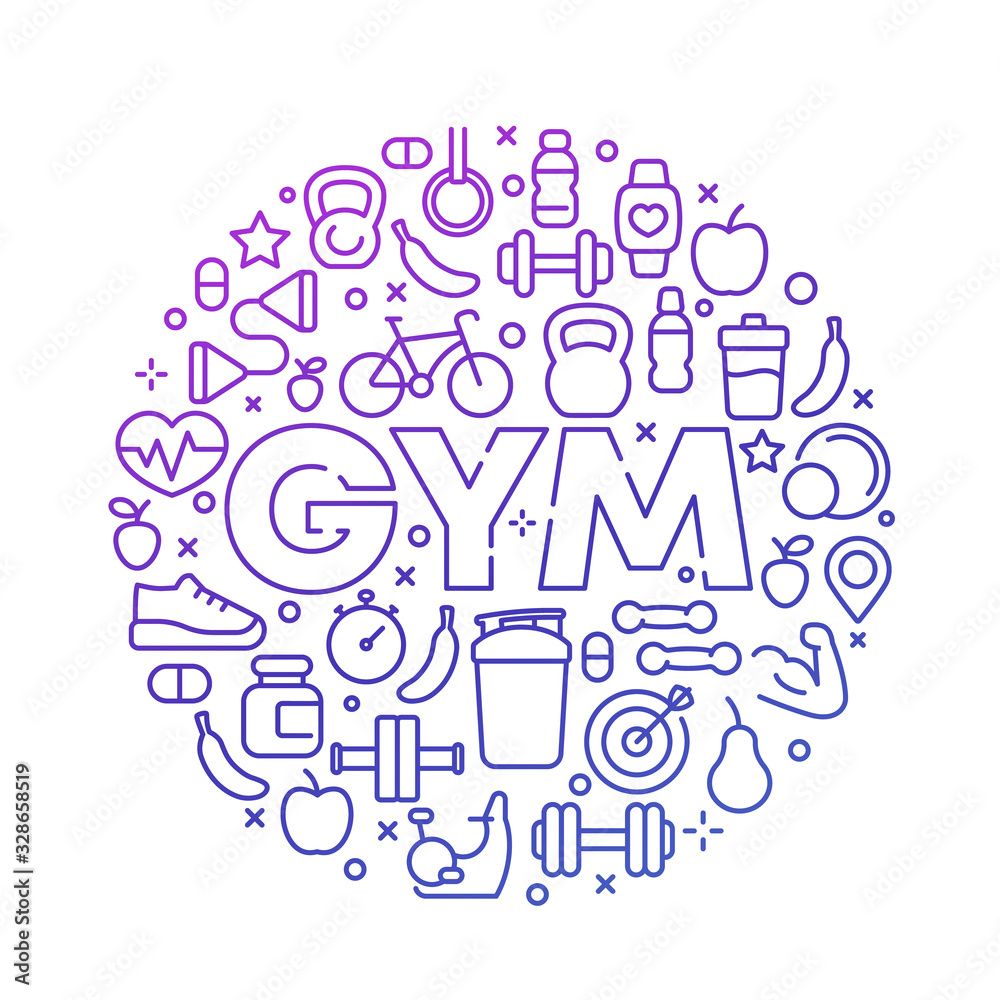gym vector round design with line icons on white